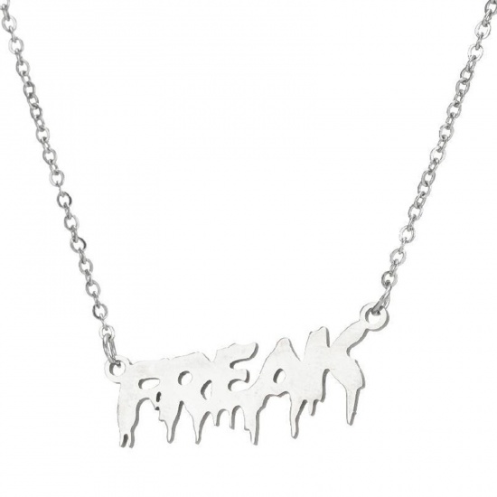Picture of 201 Stainless Steel Stylish Link Cable Chain Necklace Silver Tone Message " FREAK " 45cm(17 6/8") long, 1 Piece