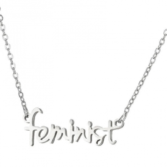 Picture of 201 Stainless Steel Stylish Link Cable Chain Necklace Silver Tone Message " Feminist " 45cm(17 6/8") long, 1 Piece