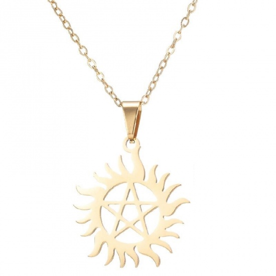 Picture of 201 Stainless Steel Stylish Link Cable Chain Necklace Gold Plated Sun Pentagram Star 45cm(17 6/8") long, 1 Piece