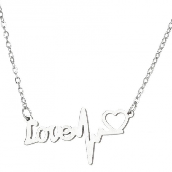 Picture of 201 Stainless Steel Stylish Link Cable Chain Necklace Silver Tone Heartbeat/ Electrocardiogram Message " LOVE " 45cm(17 6/8") long, 1 Piece
