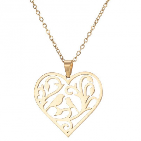 Picture of 201 Stainless Steel Stylish Link Cable Chain Necklace Gold Plated Heart Bird 45cm(17 6/8") long, 1 Piece
