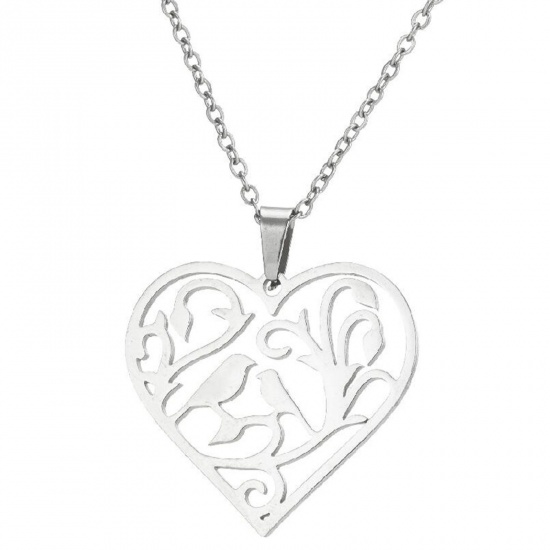 Picture of 201 Stainless Steel Stylish Link Cable Chain Necklace Silver Tone Heart Bird 45cm(17 6/8") long, 1 Piece