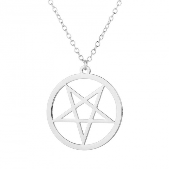 Picture of 201 Stainless Steel Stylish Link Cable Chain Necklace Silver Tone Pentagram Star 45cm(17 6/8") long, 1 Piece