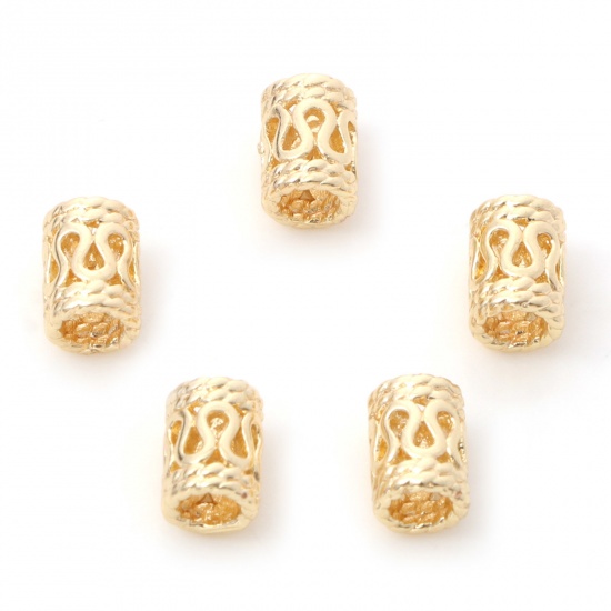 Image de Perles en Laiton Plaqué Or Véritable 14K Colonne Fleurs Creuses Env. 6mm x 4mm, Trou: Env. 2.2mm, 5 Pcs