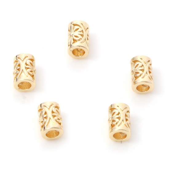 Image de Perles en Laiton Plaqué Or Véritable 14K Colonne Fleurs Creuses Env. 7mm x 5mm, Trou: Env. 2.6mm, 5 Pcs