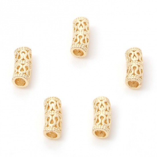 Image de Perles en Laiton Plaqué Or Véritable 14K Tube Fleurs Creuses Env. 9mm x 3mm, Trou: Env. 2mm, 5 Pcs