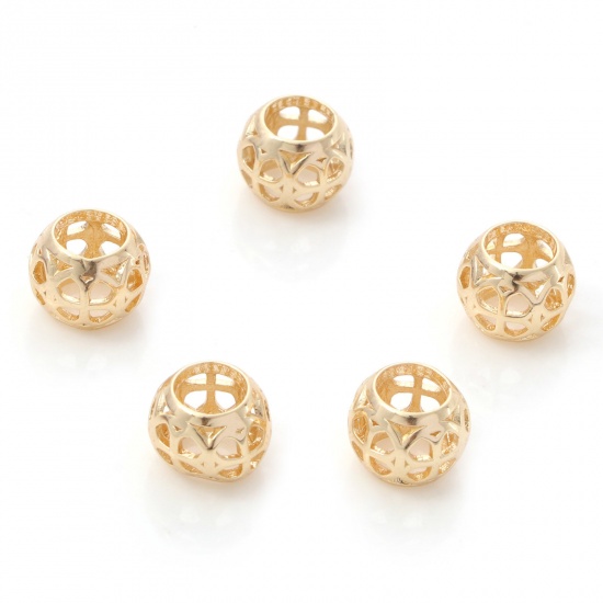 Picture of Brass Beads 14K Real Gold Plated Drum Four Leaf Clover About 9.5mm x 7.5mm, Hole: Approx 5mm, 2 PCs                                                                                                                                                           