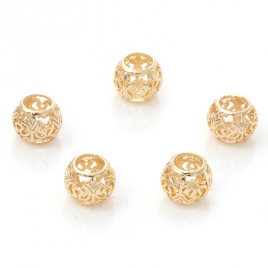 Picture of Brass Beads 14K Real Gold Plated Drum Fleur-De-Lis About 10mm x 8mm, Hole: Approx 5mm, 2 PCs                                                                                                                                                                  