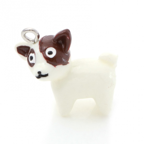 Picture of Resin Charms Dog Animal Silver Tone White 3D 22mm x 20mm, 5 PCs