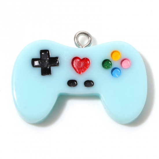 Picture of Resin Charms Video Game Controller Silver Tone Light Blue 27mm x 20mm, 5 PCs