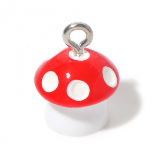 Picture of Resin Charms Mushroom Silver Tone Red 3D 15mm x 12mm, 10 PCs