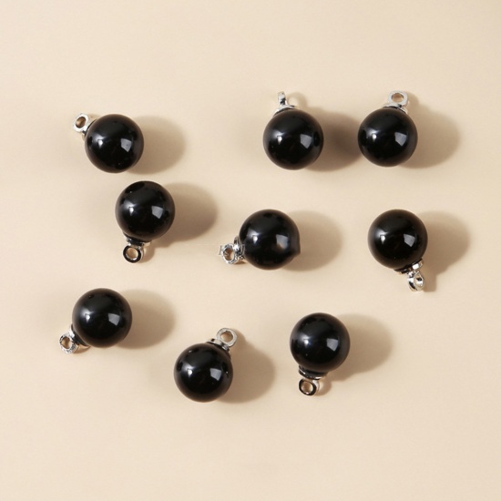 Picture of Black Onyx Agate ( Natural ) Charms Silver Tone Black Round 6mm Dia., 10 PCs