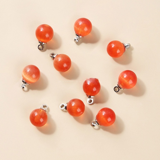 Picture of Cat's Eye Glass ( Synthetic ) Charms Silver Tone Red Round 6mm Dia., 10 PCs