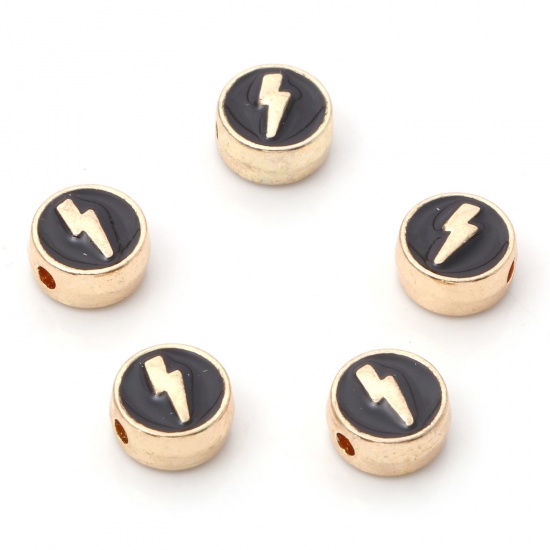 Picture of Zinc Based Alloy Weather Collection Spacer Beads Gold Plated Black Flat Round Lightning Enamel About 8mm Dia., Hole: Approx 1.4mm, 10 PCs