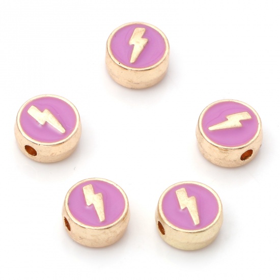 Picture of Zinc Based Alloy Weather Collection Spacer Beads Gold Plated Purple Flat Round Lightning Enamel About 8mm Dia., Hole: Approx 1.4mm, 10 PCs