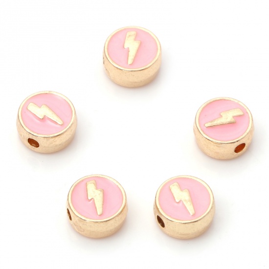 Picture of Zinc Based Alloy Weather Collection Spacer Beads Gold Plated Pink Flat Round Lightning Enamel About 8mm Dia., Hole: Approx 1.4mm, 10 PCs