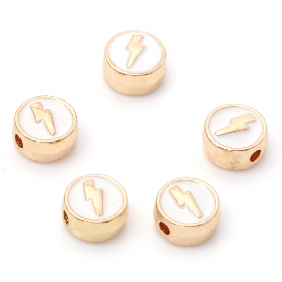 Picture of Zinc Based Alloy Weather Collection Spacer Beads Gold Plated White Flat Round Lightning Enamel About 8mm Dia., Hole: Approx 1.4mm, 10 PCs