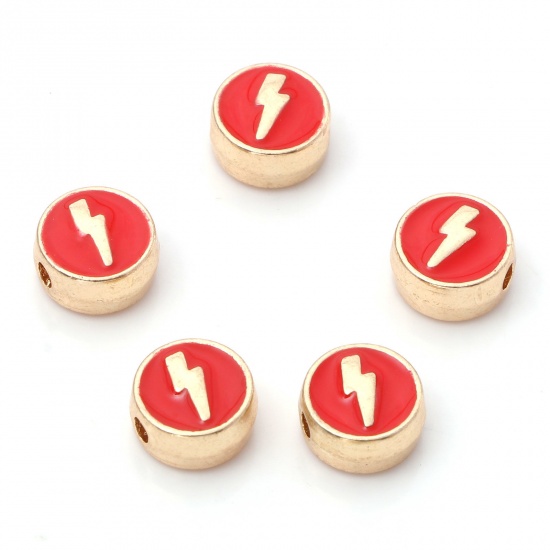 Picture of Zinc Based Alloy Weather Collection Spacer Beads Gold Plated Red Flat Round Lightning Enamel About 8mm Dia., Hole: Approx 1.4mm, 10 PCs