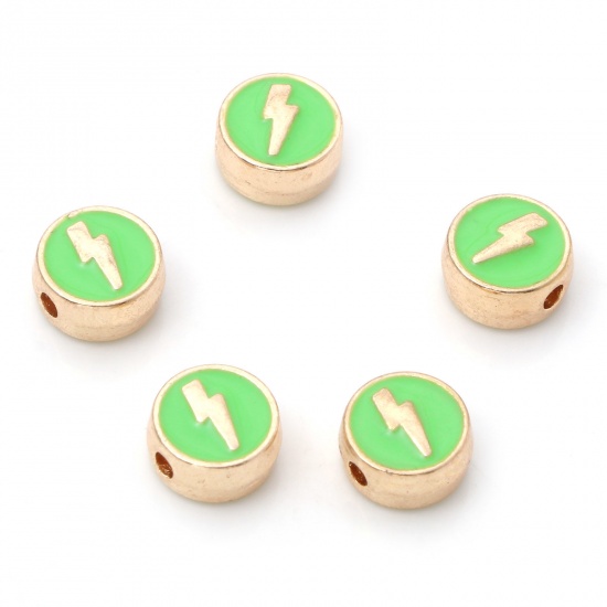 Picture of Zinc Based Alloy Weather Collection Spacer Beads Gold Plated Green Flat Round Lightning Enamel About 8mm Dia., Hole: Approx 1.4mm, 10 PCs