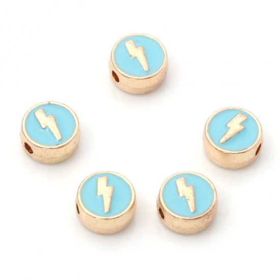 Picture of Zinc Based Alloy Weather Collection Spacer Beads Gold Plated Blue Flat Round Lightning Enamel About 8mm Dia., Hole: Approx 1.4mm, 10 PCs