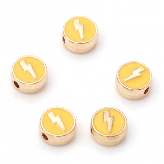 Picture of Zinc Based Alloy Weather Collection Spacer Beads Gold Plated Yellow Flat Round Lightning Enamel About 8mm Dia., Hole: Approx 1.4mm, 10 PCs