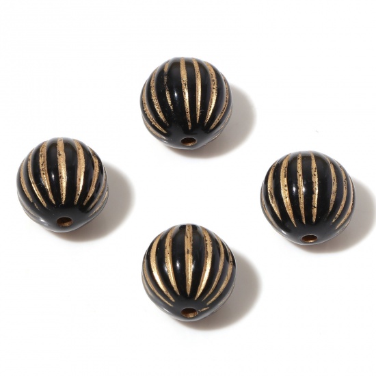 Picture of Acrylic Beads Black Round Stripe About 14mm Dia., Hole: Approx 2mm, 10 PCs