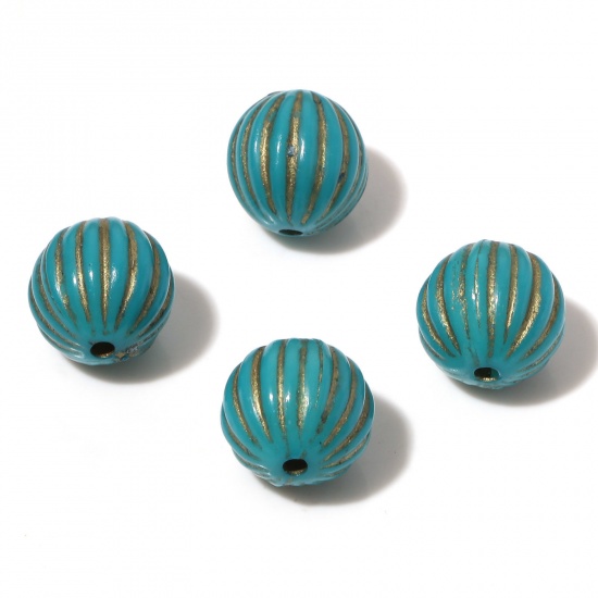 Picture of Acrylic Beads Green Blue Round Stripe About 14mm Dia., Hole: Approx 2mm, 10 PCs