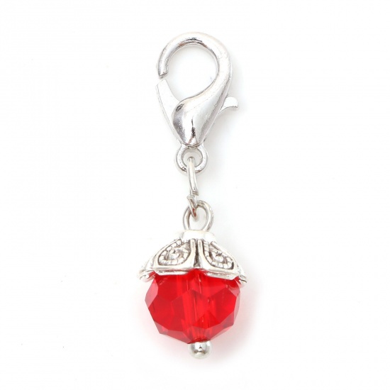 Picture of Zinc Based Alloy & Glass Clip On Charms For Vintage Charm Bracelets Silver Color Red 27mm x 9mm, 5 PCs