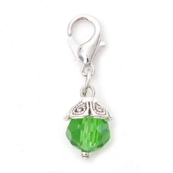 Picture of Zinc Based Alloy & Glass Clip On Charms For Vintage Charm Bracelets Silver Color Fruit Green 27mm x 9mm, 5 PCs