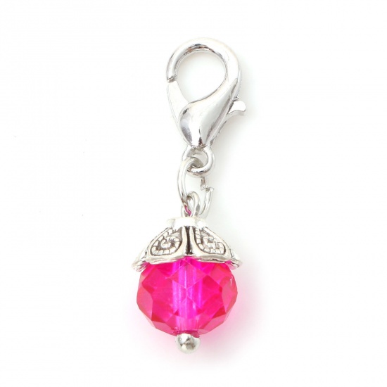 Picture of Zinc Based Alloy & Glass Clip On Charms For Vintage Charm Bracelets Silver Color Fuchsia 27mm x 9mm, 5 PCs