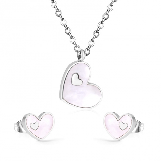 Picture of 304 Stainless Steel & Shell Valentine's Day Jewelry Necklace Earrings Set Silver Tone White Heart 1 Set