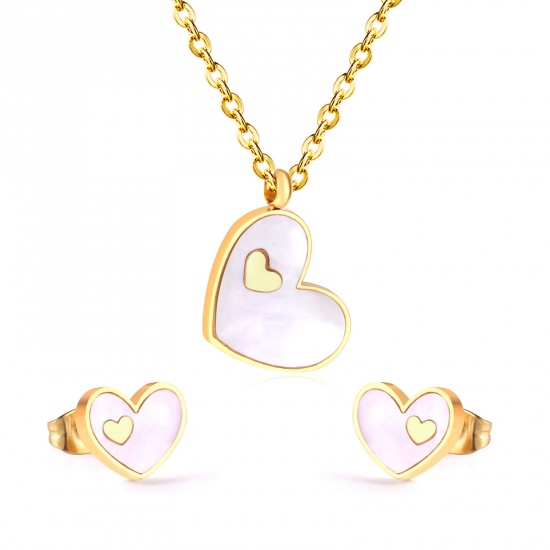 Picture of 304 Stainless Steel & Shell Valentine's Day Jewelry Necklace Earrings Set Gold Plated White Heart 1 Set