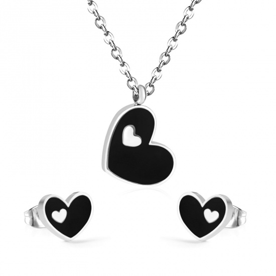 Picture of 304 Stainless Steel & Shell Valentine's Day Jewelry Necklace Earrings Set Silver Tone Black Heart 1 Set