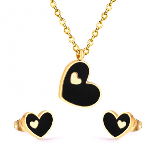 Picture of 304 Stainless Steel & Shell Valentine's Day Jewelry Necklace Earrings Set Gold Plated Black Heart 1 Set