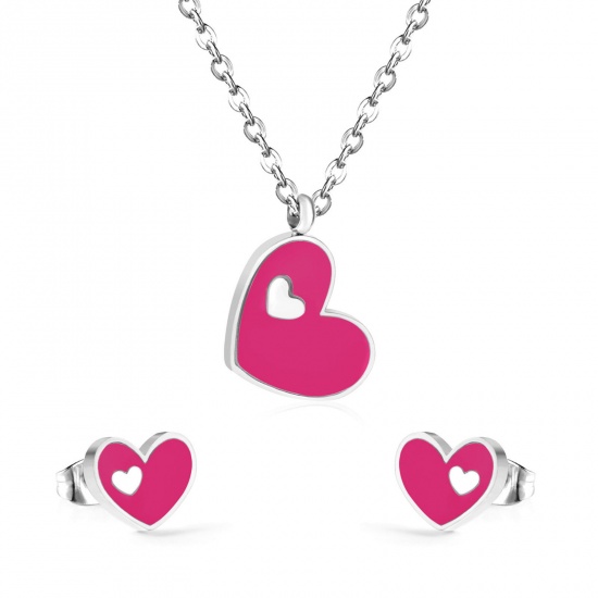 Bild von 304 Edelstahl & Muschel Valentinstag Schmuck Halskette Ohrringe Set Silberfarbe Rosa Herz 1 Set