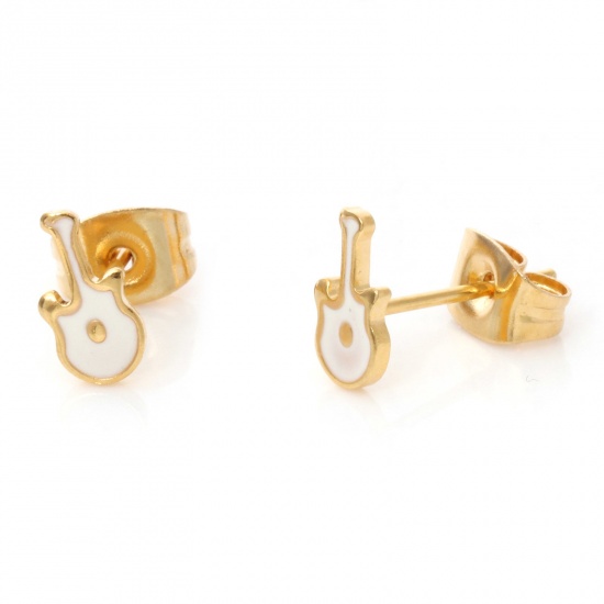 Picture of 1 Pair Vacuum Plating 316 Stainless Steel Stylish Ear Post Stud Earrings Gold Plated White Guitar Musical Instrument Enamel 7.9mm x 4mm, Post/ Wire Size: (21 gauge)