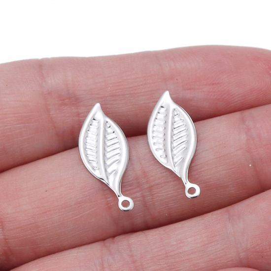 Picture of 304 Stainless Steel Ear Post Stud Earrings Silver Tone Flower Leaves 19mm x 8mm, 10 PCs