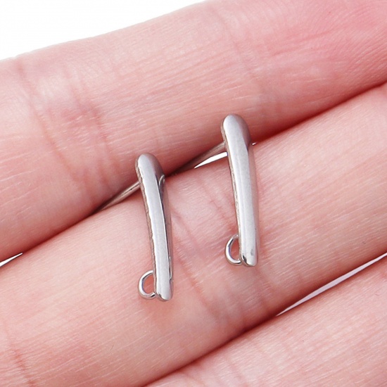 Picture of 304 Stainless Steel Ear Post Stud Earrings Silver Tone Rectangle 15mm x 3mm, 10 PCs