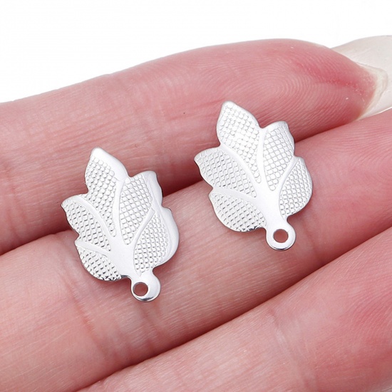Picture of 304 Stainless Steel Ear Post Stud Earrings Silver Tone Leaf 17mm x 10.5mm, 10 PCs