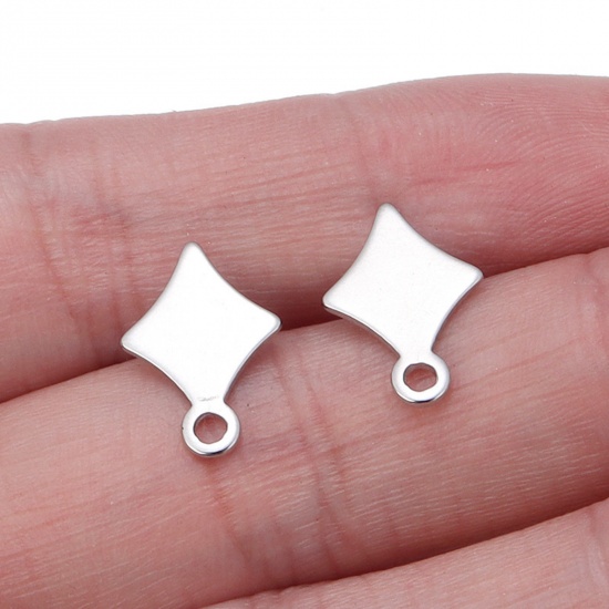Picture of 304 Stainless Steel Ear Post Stud Earrings Silver Tone Rhombus 14mm x 9.5mm, 10 PCs
