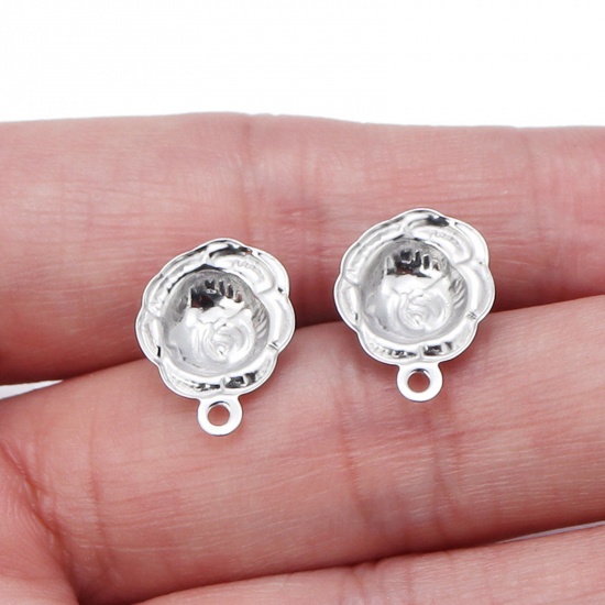 Picture of 304 Stainless Steel Ear Post Stud Earrings Silver Tone Rose Flower 13.5mm x 10.5mm, 10 PCs