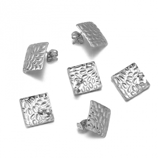 Picture of 304 Stainless Steel Ear Post Stud Earrings Silver Tone Square 14mm x 9.5mm, 10 PCs