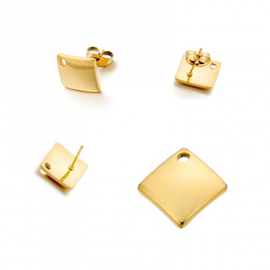 Picture of 304 Stainless Steel Ear Post Stud Earrings Quadrilateral Gold Plated With Loop 14mm x 14mm, 10 PCs