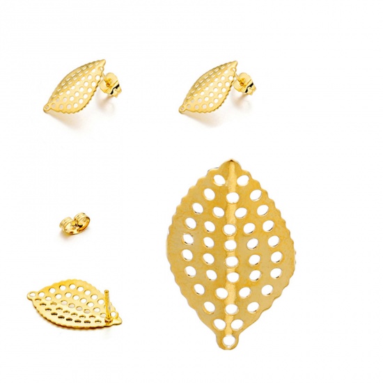 Picture of 304 Stainless Steel Ear Post Stud Earrings Leaf Gold Plated With Loop 18mm x 11mm, 10 PCs