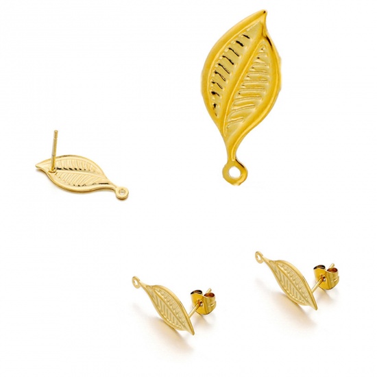 Picture of 304 Stainless Steel Ear Post Stud Earrings Leaf Gold Plated With Loop 19mm x 8mm, 10 PCs