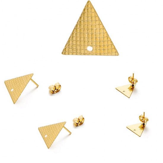 Picture of 304 Stainless Steel Ear Post Stud Earrings Triangle Gold Plated With Loop 13mm x 13mm, 10 PCs