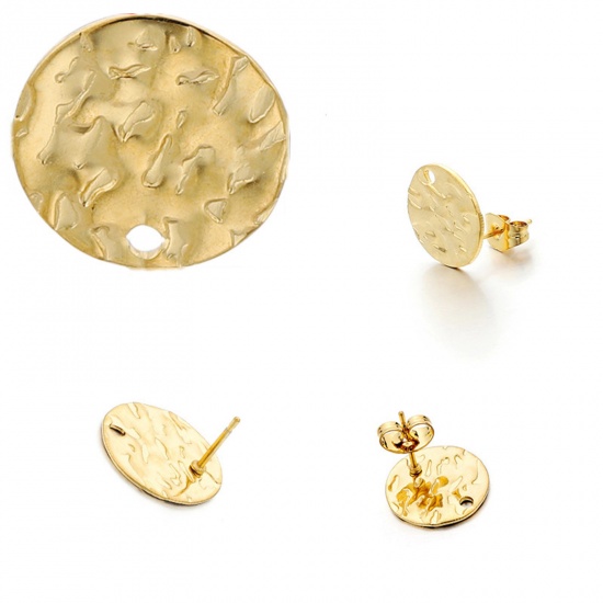 Picture of 304 Stainless Steel Ear Post Stud Earrings Round Gold Plated With Loop 13mm x 13mm, 10 PCs