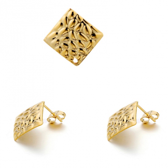 Picture of 304 Stainless Steel Ear Post Stud Earrings Quadrilateral Gold Plated With Loop 19mm x 19mm, 10 PCs