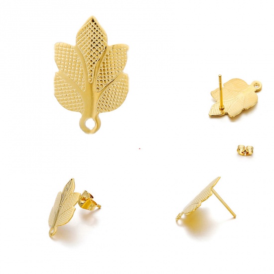 Picture of 304 Stainless Steel Ear Post Stud Earrings Maple Leaf Gold Plated With Loop 17mm x 10mm, 10 PCs