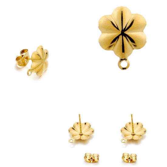 Picture of 304 Stainless Steel Ear Post Stud Earrings Flower Leaves Gold Plated With Loop 13mm x 10mm, 10 PCs